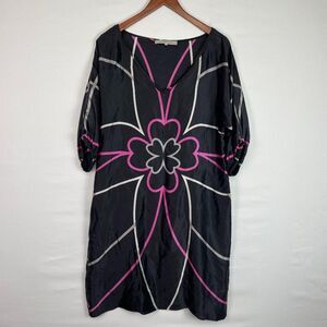 Gerard Darel Clover Floral Print Silk Shift Dress Black Silver Pink EU 42/ US 10